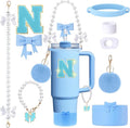 9pcs Stanley Cup Accessories Set- for 30oz 40oz Tumblers with Handle - Bule Kit Includes Bow Straw Topper and Boot, Charm, Pearl Handle Strap & Stickers - Aesthetic Girl Gifts (N)