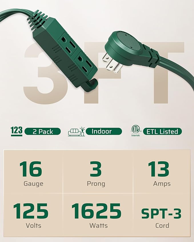 DEWENWILS 3 Outlet Flat Extension Cord Plug Christmas, 3FT 16/3 Awg Grounded Power Cable for Indoor Use, SPT-3 Cord, Green, ETL Listed, 2 Pack