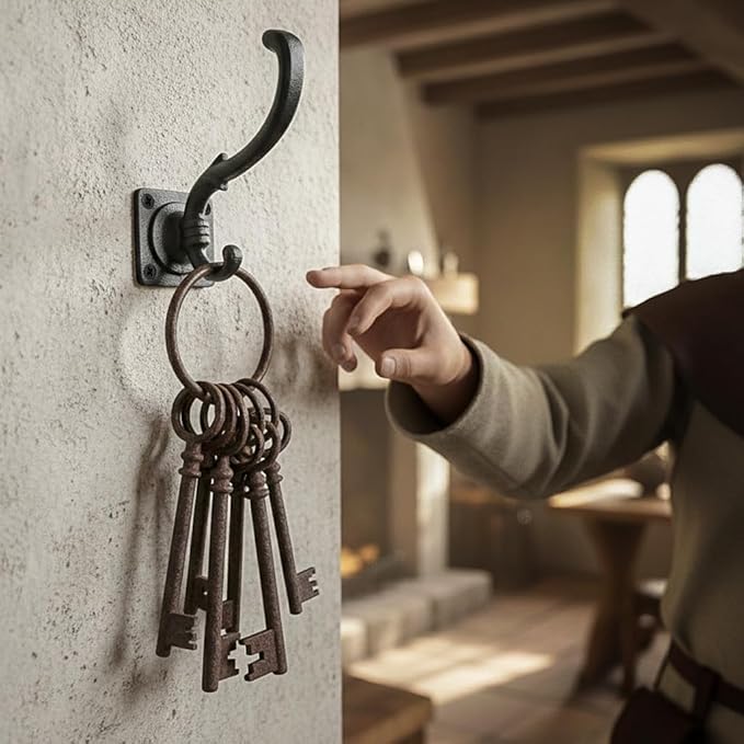 Mystic Colonial Medieval Wall Hooks Hand-Forged (Set of 2) Black Coated | Rustic Heavy-Duty Hangers for Coats, Cloaks, Keys & Home Decor