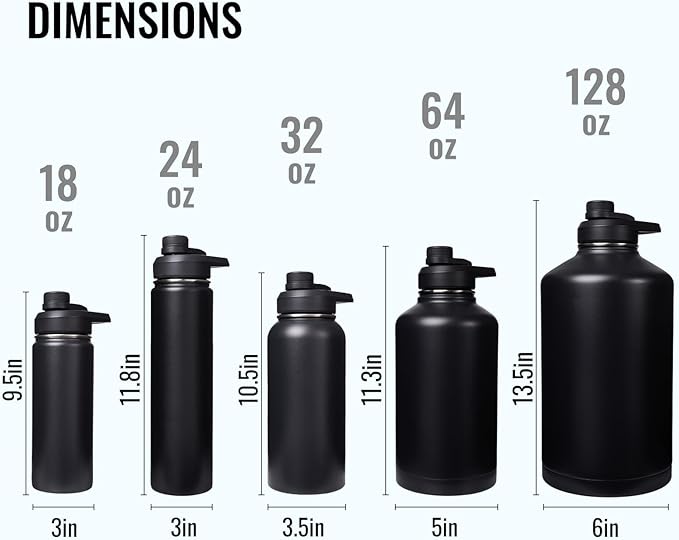 Fijinhom 24 oz Insulated Water Bottle with Handle, 304 Stainless Steel Water Bottles with 2 Lids, Double Wall Vacuum Sports Water Cup with Straw, BPA Free, Keep Cold and Hot, Black/Gray