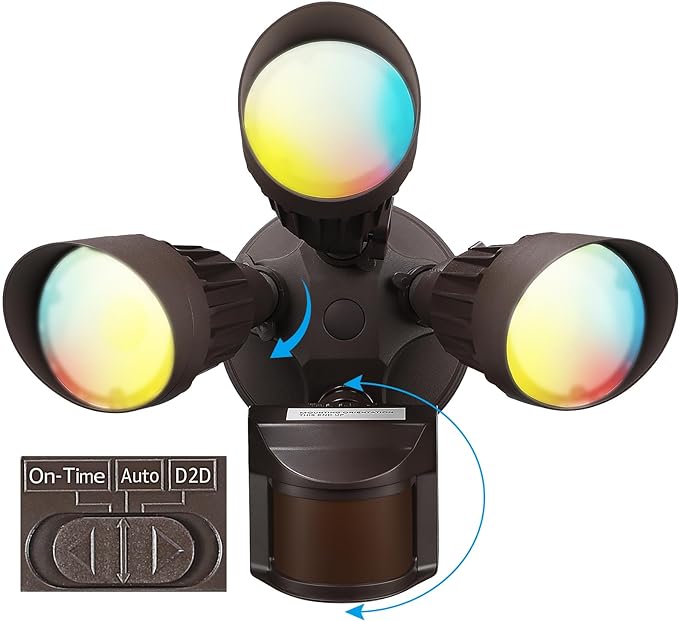 LEONLITE 3CCT LED Security Light Motion Sensor, Aluminum Flood Lights Outdoor, 3 Modes Motion Detector+Dusk to Dawn+Switch Control, 3000K/4000K/5000K Selectable, IP65, Adjustable 3-Head, ETL, Bronze