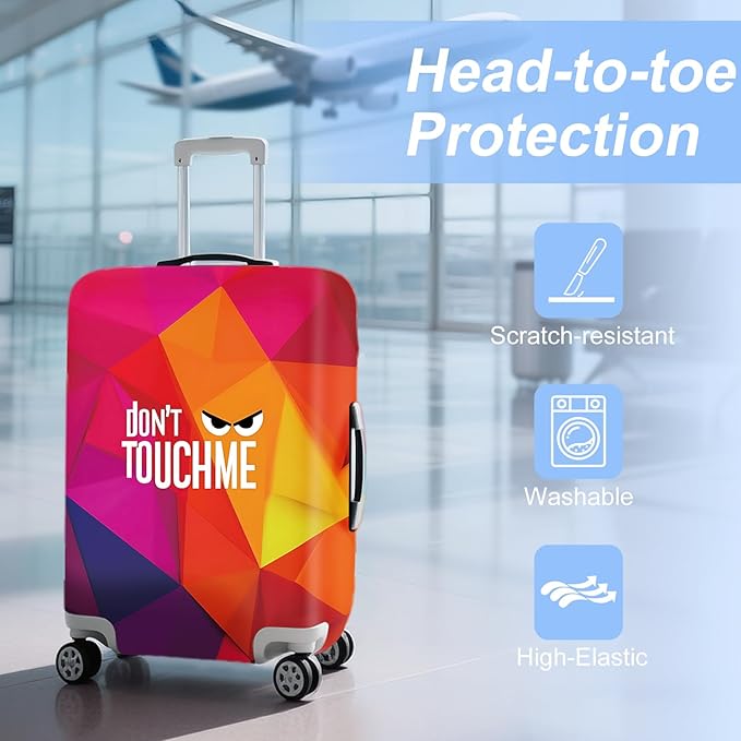 Don't Touch Me Funny Travel Luggage Cover-Neon Geometric Stretchable Airplane Suitcase Protector Sleeve,Universal Washable Fit for 28-30 Inch Checked Baggage,Water Resistant Durable Luggage Protector