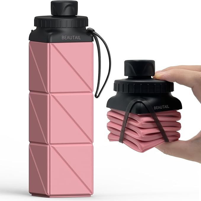 BEAUTAIL Collapsible Water Bottles, Silicone Foldable Water Bottle 610ml, BPA-Free Portable Reusable Leakproof Bottle for Gym Travel Camping Hiking Sports Outdoor, 1 Pack (Pink)