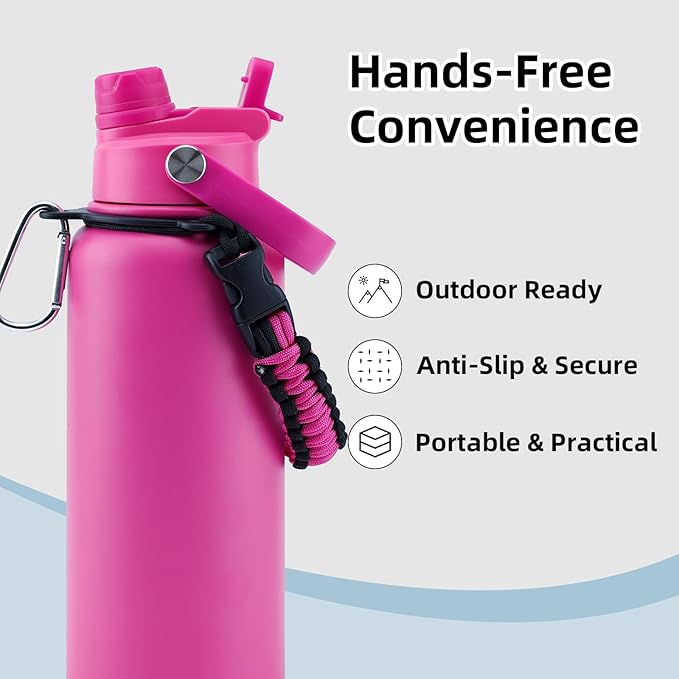 32oz Insulated Water Bottle with 2-in-1 Straw and Spout Lid, 304 Stainless Steel Water Bottle Keep Cold for 24H,Leak-Proof,Sports Water Bottle with Braided Carry Strap for Gym,Travel, Black
