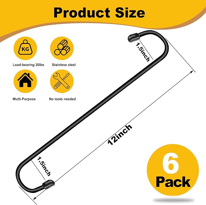 Dpyrrhic 6 Pack 12 Inch Large S Hooks for Hanging Plants,Black Extra Matel Heavy Duty Hook for Hang Brsket,Bird House,Clothes,Kitchenware