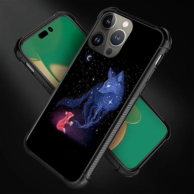 for iPhone 14 Pro Max Case, Galaxy Fox Wolf Pattern Graphic Design Girl Boy Soft Silicone Hard Acrylic Shock Protection for iPhone 14 Pro Max
