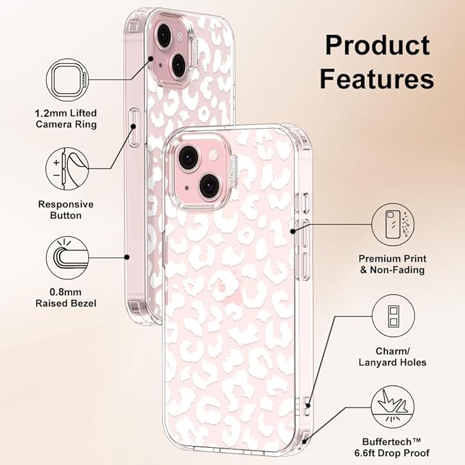 MOSNOVO Case for iPhone 15 Plus/iPhone 14 Plus, [Buffertech 6.6ft Military-Grade Drop Protection] [Anti Peel Off Tech] Clear TPU Bumper Phone Case Cover Design - White Leopard Print