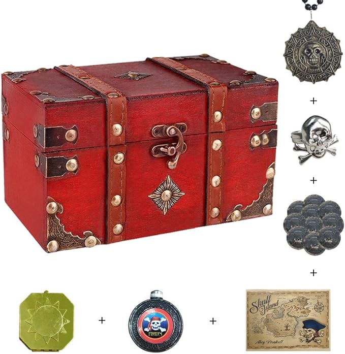 SICOHOME Treasure Chest, 7.1" Vintage Wooden Decorative Box with Pirate Trinkets for Jewelry, Tarot Cards, Gifts and Home Decoration Christmas Ornament Storage