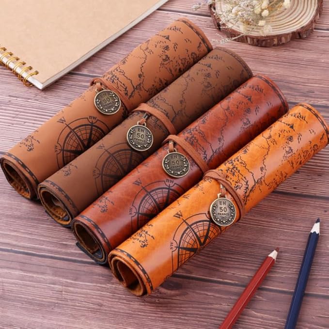 Cabilock Roll up Pencil Case Vintage Map Pu Leather Pencil Pouch Organizer for Artists Writers Travel School with Large Capacity and Secure Strap 2 Pack