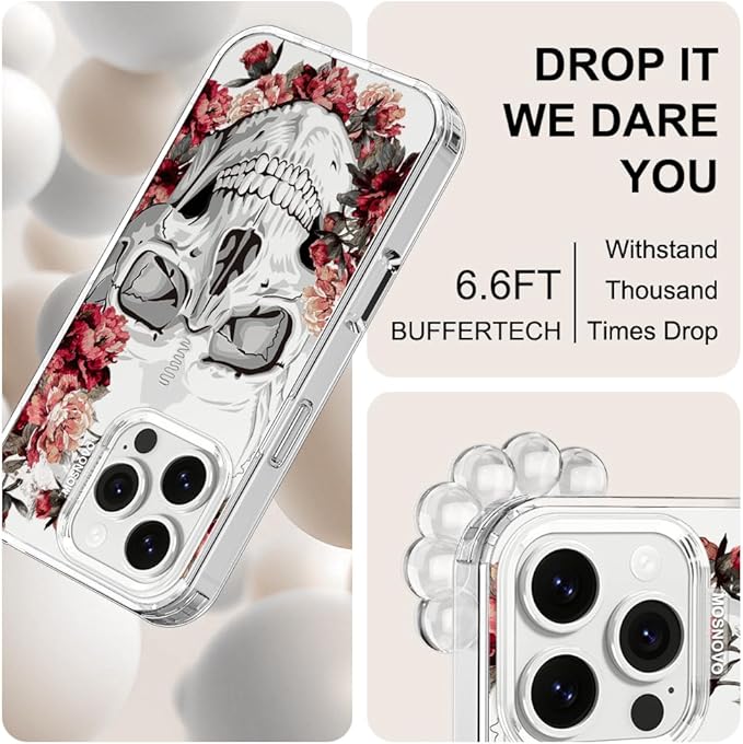 MOSNOVO Case for iPhone 16 Pro, [Buffertech 6.6ft Military-Grade Drop Protection] [Anti Peel Off Tech] Clear TPU Bumper Phone Case Cover Design - Red Flower Skull