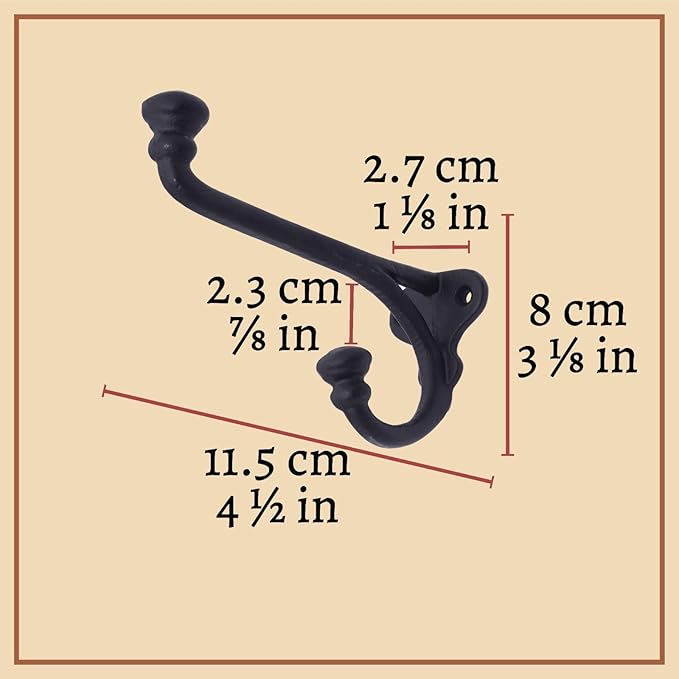 Mystic Colonial Rustic Cast Iron Wall Hooks Heavy Duty Retro Utility Hooks for Hanging Coat, Bag, Towel, Robe, Hat & More Decorative Wall Mount Hooks, Pack of 2, Black