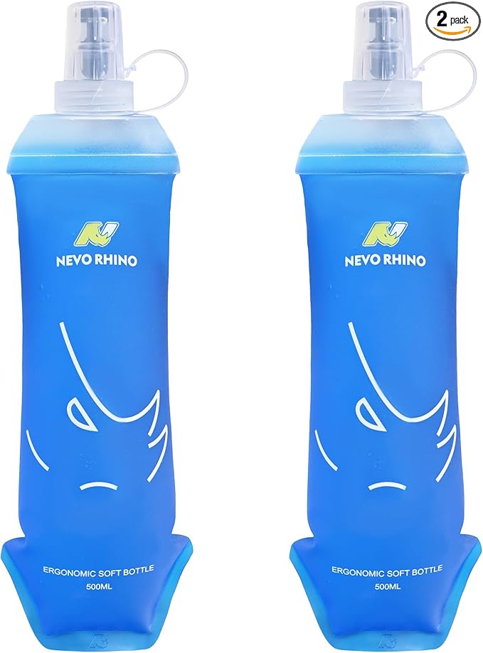 N NEVO RHINO 2PCS Soft Flask, 17oz/500ml TPU Running Water Bottle for Hydration Vests and Running Packs, Leak-proof BPA-Free Collapsible Water Bottles for Running, Hiking, Cycling, Climbing