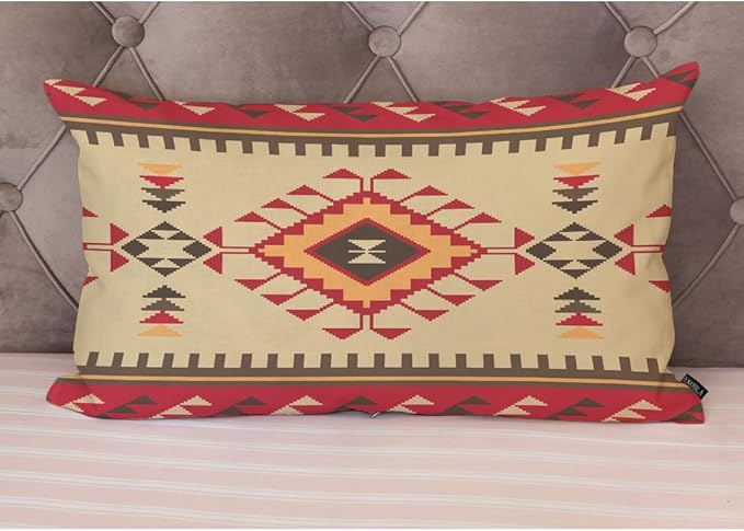 EKOBLA Vintage Ethnic Pattern 12x20 Pillow Case Tribal Print American Style Aztec Boho Geometric Square Cotton Linen Decorative Cushion Case for Couch Sofa Chair Bed 12x20 Inches