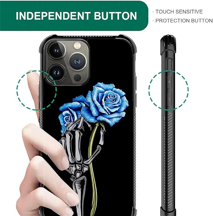 for iPhone 15 Pro Case, Skeleton Holding Blue Rose Pattern Graphic Design Girl Boy Soft Silicone Hard Acrylic Shock Protection for iPhone 15 Pro