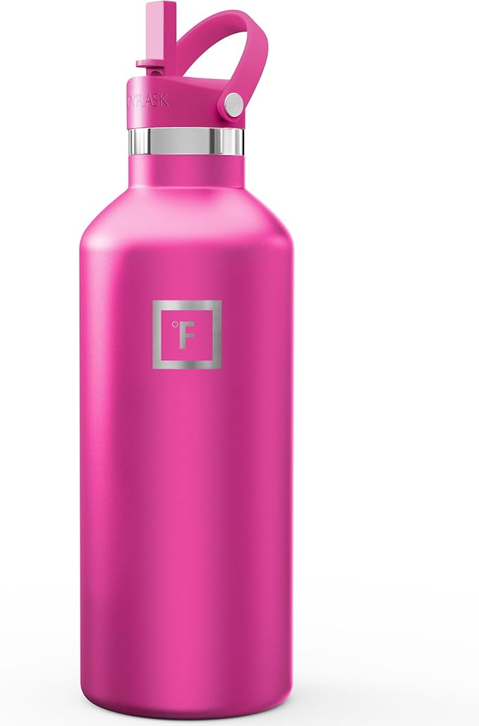 IRON °FLASK Camping & Hiking Hydration Flask with Straw, Narrow Mouth Insulated Stainless Steel Sports Water Bottle - Pink Tulip 32 oz - Straw (1 Lid)