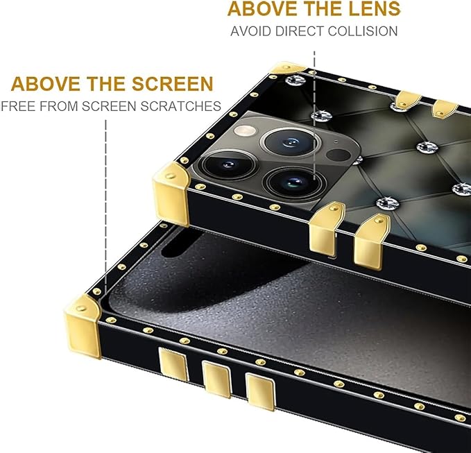 Compatible with iPhone 16 Pro Case, Shiny Black Sofa Crystal Luxury Golden Decoration for Girl Women Soft TPU Shockproof Protective Hard PC Back