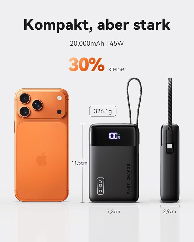 INIU 20000mAh Power Bank, Small Portable Charger, 45W PD Fast Charging Battery Pack with Build in USB-C Cable, Travel Phone Charger for iPhone 17 16 15 14 Air Samsung S25 S24 Google iPad Xiaomi, White