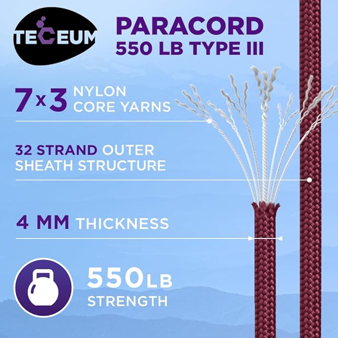 TECEUM Paracord Type III 550 Burgundi – 100 ft – 4mm – Tactical Rope MIL-SPEC – Outdoor para Cord –Camping Hiking Fishing Gear and Equipment – EDC Parachute Cord – Strong Survival Rope 067gd