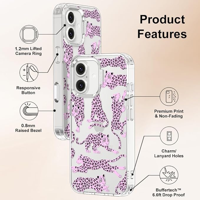 MOSNOVO Case for iPhone 16, [Buffertech 6.6ft Military-Grade Drop Protection] [Anti Peel Off Tech] Clear TPU Bumper Phone Case Cover Design - Pink Leopard