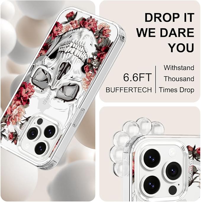 MOSNOVO Case for iPhone 14 Pro Max, [Buffertech 6.6ft Military-Grade Drop Protection] [Anti Peel Off Tech] Clear TPU Bumper Phone Case Cover Design - Red Flower Skull
