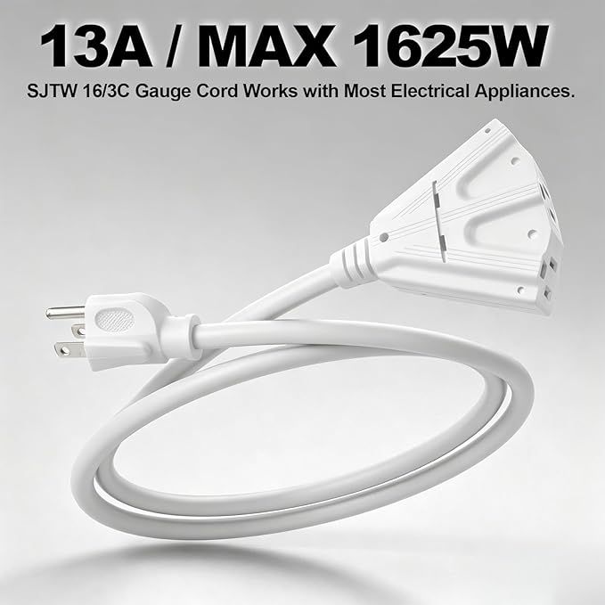EP 15 Ft Outdoor Extension Cord with 3 Electrical Power Outlets - 16/3 SJTW White Cable with 3 Prong Grounded Plug for Safety Great for Christmas Lights, Garden and Major Appliances