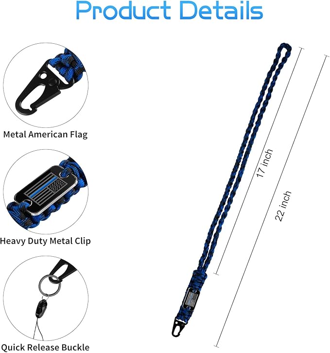 Thin Blue Line Paracord Keychain Neck Lanyard for Keys with Cool USA Flag Men Women, Long Heavy Duty Braided Keychain Lanyard for Wallets, Keys, Whistle，Camera, Phone, Outdoor Activities