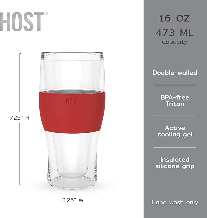 Host FREEZE Beer Glasses, Frozen Brew Mugs, Freezable Pint Glass Set, Insulated Beer Glass to Keep Your Drinks Cold, Double Walled Insulated Glasses, Gift for Dad, 16oz, Set of 2, Crimson Red