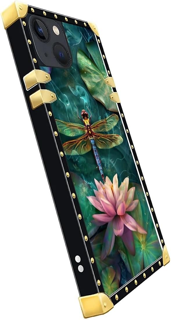 Compatible with iPhone 13 Case, Colourful Dragonfly Pink Lily Pads Luxury Golden Decoration for Girl Women Soft TPU Shockproof Protective Hard PC Back for iPhone 13