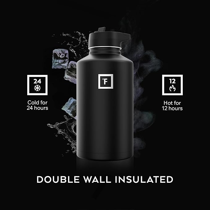 IRON °FLASK Camping & Hiking Hydration Flask with Straw, Wide Mouth Insulated Stainless Steel Sports Water Bottle - Dark Pine 64 oz - Straw (1 Lid)