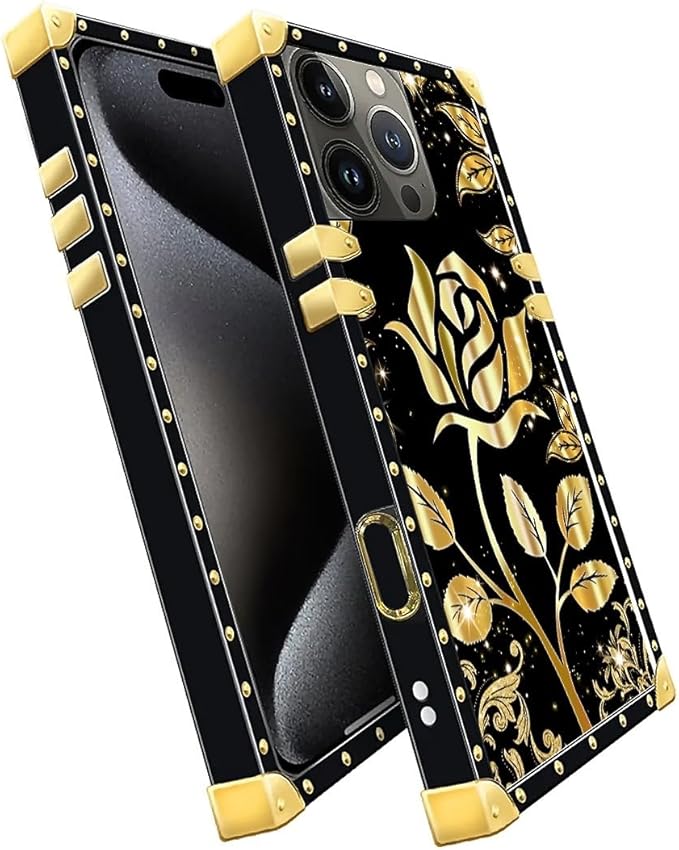 Compatible with iPhone 16 Pro Case, Shine Gold Rose Luxury Golden Decoration for Girl Women Soft TPU Shockproof Protective Hard PC Back for iPhone 16 Pro