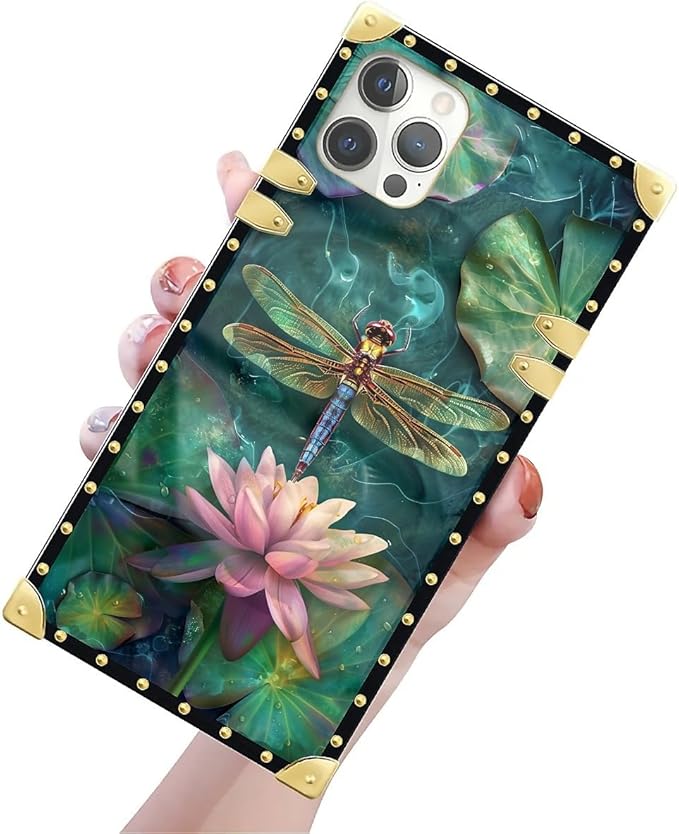 Compatible with iPhone 12 Pro Max Case, Colourful Dragonfly Pink Lily Pads Luxury Golden Decoration for Girl Women Soft TPU Shockproof Protective Hard PC Back for iPhone 12 Pro Max