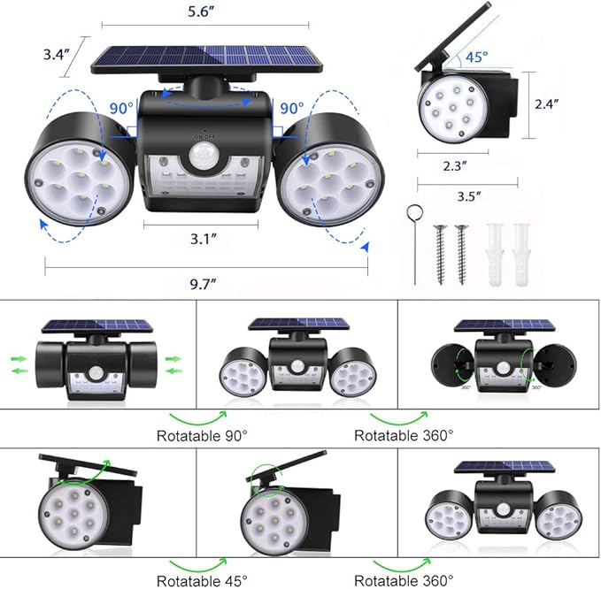 Solar Lights Outdoor, Motion Sensor Security Lights Solar Wall Lights with Dual Head Spotlights LED Waterproof 360° Adjustable Solar Motion Lights Outdoor for Garden Garage Patio, 1 Pack