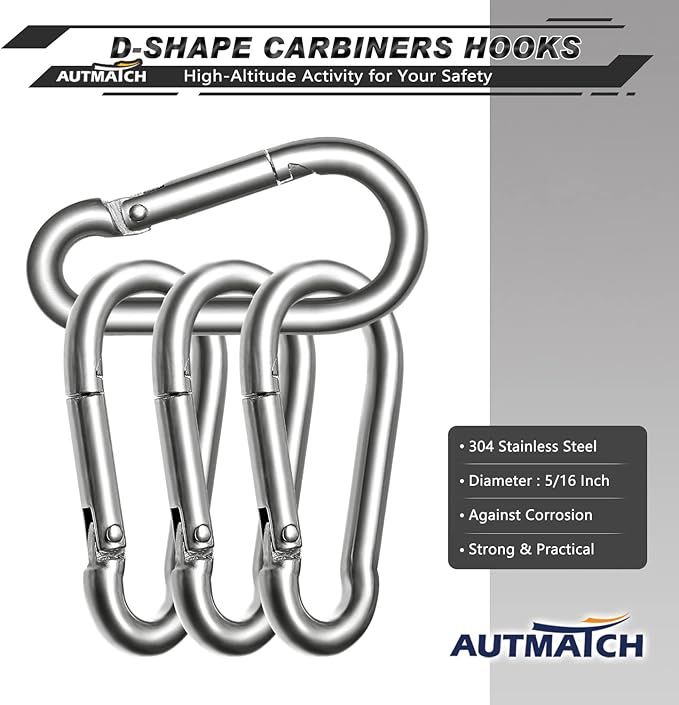 AUTMATCH Carabiner Clips, 3" Spring Snap Hook Caribeener Clips Buckle Heavy Duty Locking Carabiners Chain Quick Links, 4 Pack