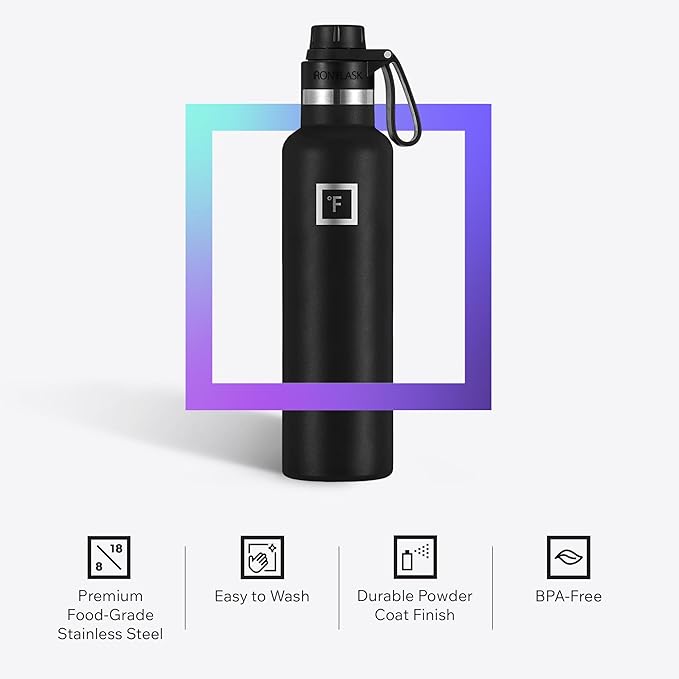 IRON °FLASK Camping & Hiking Hydration Flask with Spout, Narrow Mouth Insulated Stainless Steel Sports Water Bottle - Midnight Black 24 oz - Spout (1 Lid)