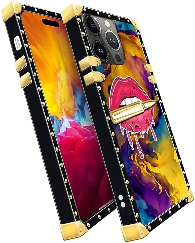 Compatible with iPhone 15 Pro Max Case, Cool Corlorful Lip Marble Luxury Golden Decoration for Girl Women Soft TPU Shockproof Protective Hard PC Back for iPhone 15 Pro Max