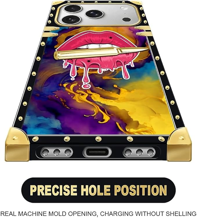 for iPhone 17 Pro Case Luxury Golden Decoration for Girl Women Soft TPU Shockproof Protective Hard PC Back for iPhone 17 Pro Crazy Pattern Cool Corlorful Lip Marble