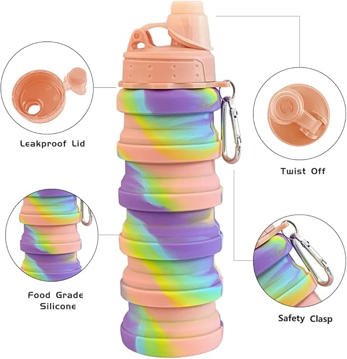 Collapsible Water Bottles 4 pack Travel Water Bottle Portable Hiking Water Bottle with Leak proof Twist Cap 500ML Reusable BPA Free Silicone Water Bottles. (Black+Purple+Blue+Pink)
