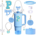 9pcs Stanley Cup Accessories Set- for 30oz 40oz Tumblers with Handle - Bule Kit Includes Bow Straw Topper and Boot, Charm, Pearl Handle Strap & Stickers - Aesthetic Girl Gifts (P)