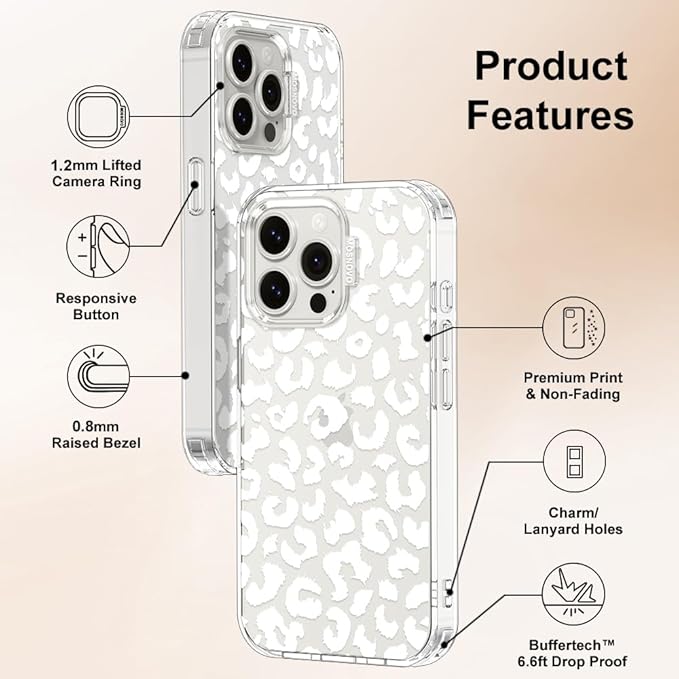 MOSNOVO Case for iPhone 15 Pro Max, [Buffertech 6.6ft Military-Grade Drop Protection] [Anti Peel Off Tech] Clear TPU Bumper Phone Case Cover Design - White Leopard Print