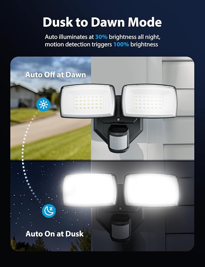 Onforu 32W 2 Head Motion Sensor Outdoor Lights, 3200LM 6500K LED Security Light Hardwired, Dusk to Dawn, Motion Detector Light for Outside, IP65 Waterproof Flood Lights for Garage, Yard(Black)