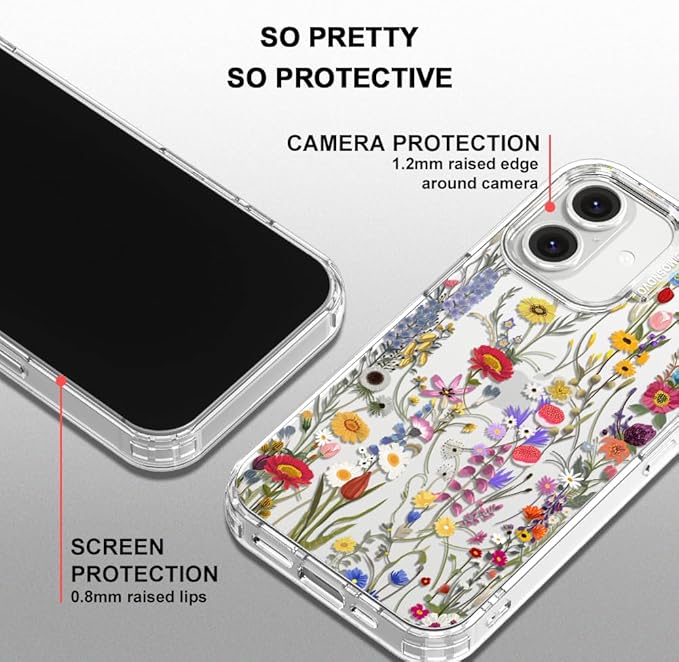 MOSNOVO Case for iPhone 16 Plus, [Buffertech 6.6ft Military-Grade Drop Protection] [Anti Peel Off Tech] Clear TPU Bumper Phone Case Cover Design - Wildflower Meadow