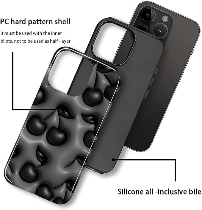 for iPhone 12/12Pro Case,HL2 Cute Cool Cherry Black Hybrid 2 Layer Hard Shell Silicone Protective Pattern Design Case