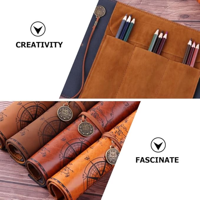MAGICLULU Retro Treasure Map Roll up Pencil Case Leather Large Capacity Pencil Pouch Organizer for Art Supplies and Makeup Brushes 8.19X8.19 Inches