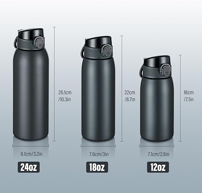 Insulated Water Bottle 24 oz with Dustproof Lid, Carry Handle & Tea Infuser, BPA-Free & Leakproof, Stainless Steel Water Bottles Ideal for Fitness, Hiking, Office & Outdoor Use （Cold Gray ）