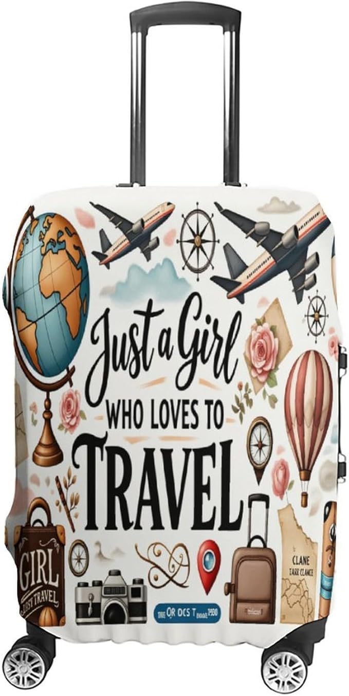 Travel Girl Adventure Globe Airplane Suitcase Camera Map Stretch Luggage Cover, Washable Suitcase Protector Fits 30-32in Cases, Secure Fit for Carry On Checked Bags, Travel Essentials