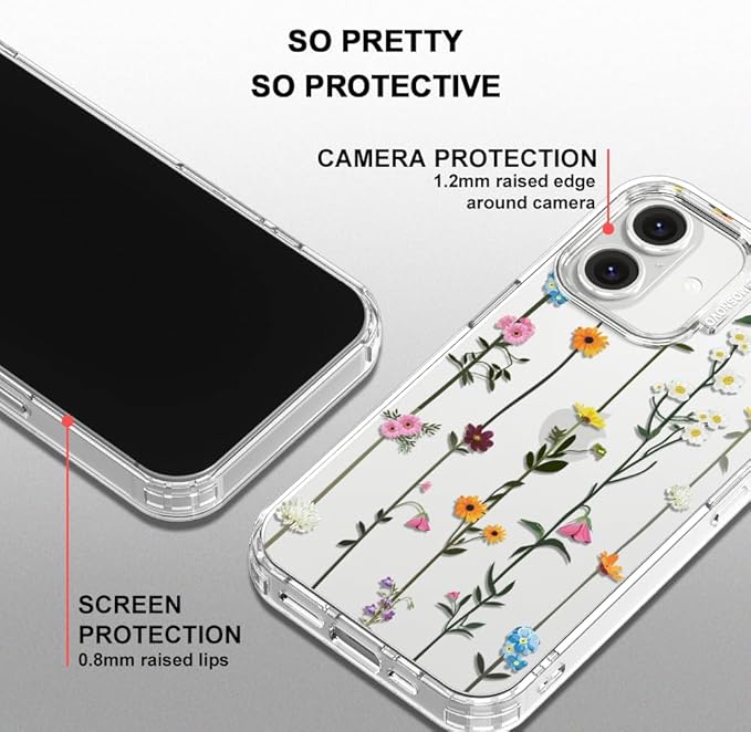 MOSNOVO Case for iPhone 16 Plus, [Buffertech 6.6ft Military-Grade Drop Protection] [Anti Peel Off Tech] Clear TPU Bumper Phone Case Cover Design - Wildflowers