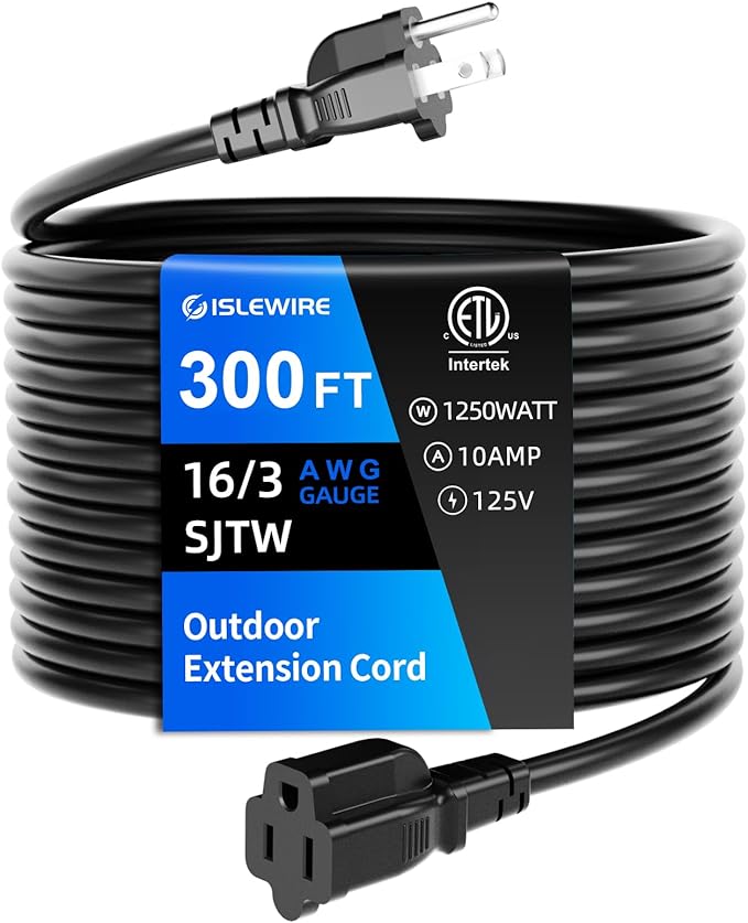 300 FT Outdoor Extension Cord Waterproof, Black, 3-Prong Power Cord, 16 AWG SJTW, 10A 1250W, Grounded, General Purpose Long Extension Cord for Lawn & Garden