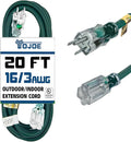 YOJOE Indoor Outdoor Extension Cord with Lighted End, 3 Prong 13A Weatherproof Power Cord, 16 Gauge Heavy Duty 20 ft Green Extension Cord for Garage, Garden and Home, 16/3 SJTW UL Listed