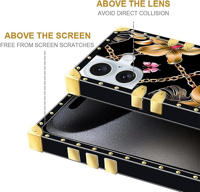 Compatible with iPhone 16 Plus Case, Pink Golden Chain Tropical Flower Luxury Golden Decoration for Girl Women Soft TPU Shockproof Protective Hard PC Back