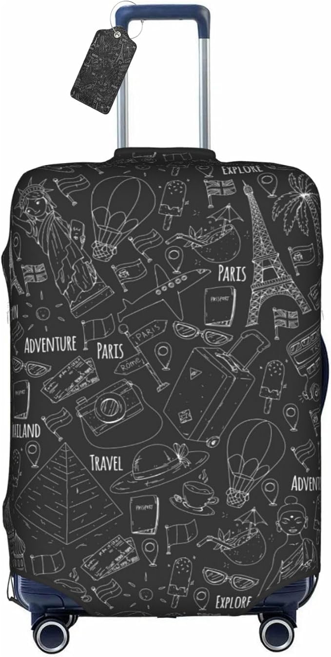 World Marks Luggage Cover for Suitcase and Luggage Tag Combination, Elastic Washable Anti-Scratch, Travel Adventure Explore Birthday Gift for Men Women(XL 29-32 Inch Luggage)